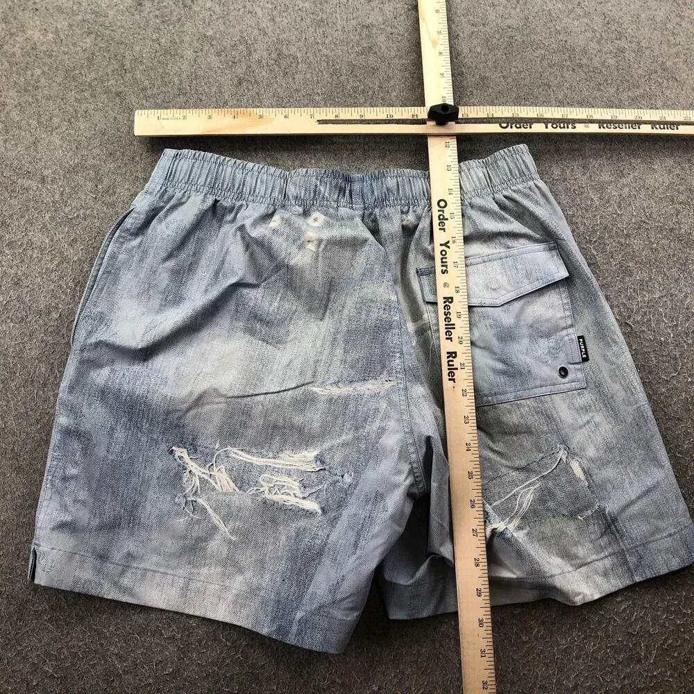 Purple Brand Swim Trunks Mens Medium Blue Distressed Denim Mesh Lined Shorts